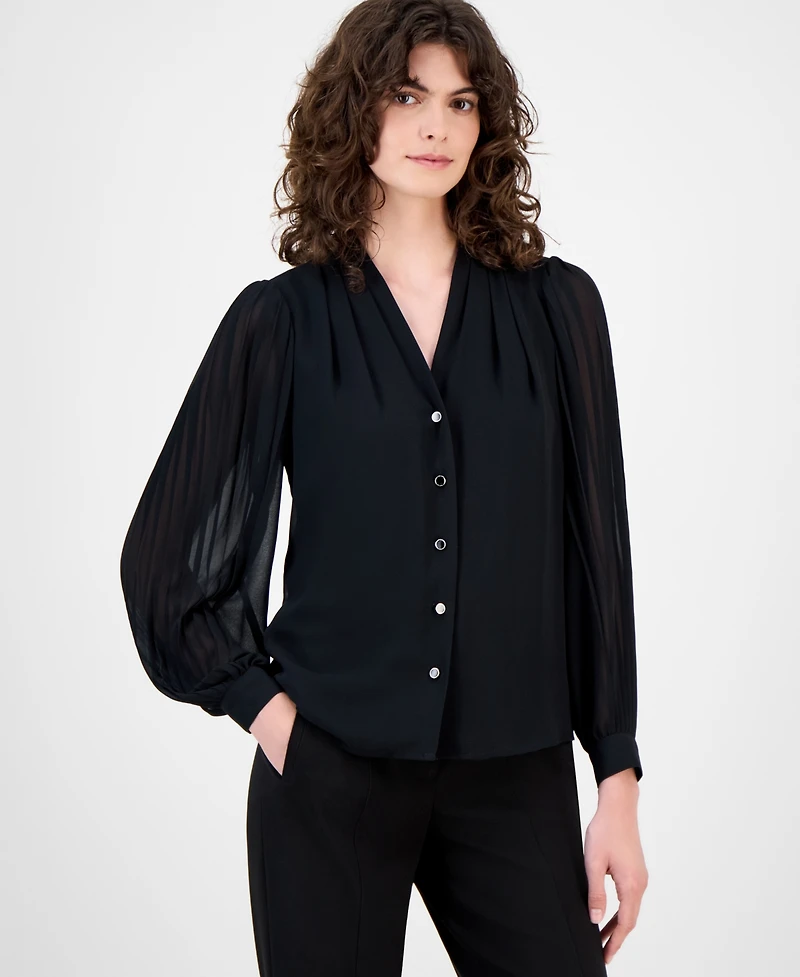 Anne Klein Women's Printed Pleated-Sleeve Chiffon Button-Front Top