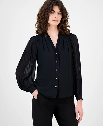 Anne Klein Women's Printed Pleated-Sleeve Chiffon Button-Front Top
