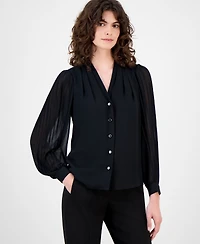 Anne Klein Women's Printed Pleated-Sleeve Chiffon Button-Front Top