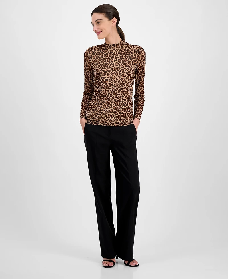 Anne Klein Women's Printed Mesh Mock Neck Long-Sleeve Top