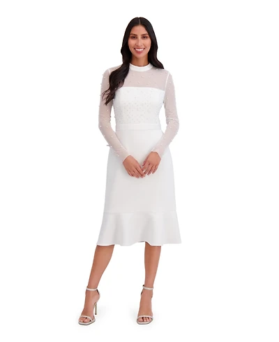 London Times Petite Beaded Illusion Mock-Neck Midi Dress