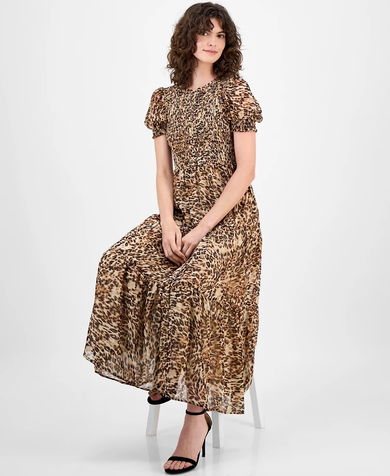 Anne Klein Women's Printed Smocked Animal Print Chiffon Tiered Maxi Dress