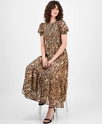 Anne Klein Women's Printed Smocked Animal Print Chiffon Tiered Maxi Dress