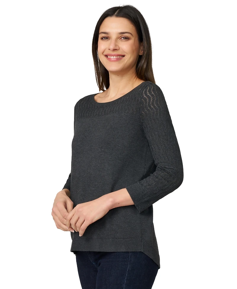 Melissa Paige Petite Pointelle-Yoke 3/4-Sleeve Sweater