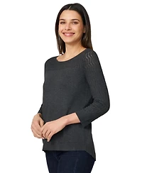 Melissa Paige Petite Pointelle-Yoke 3/4-Sleeve Sweater