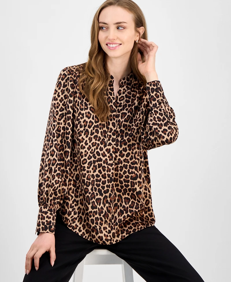 Anne Klein Women's Animal-Print Pleated V-Neck Blouse