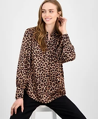 Anne Klein Women's Animal-Print Pleated V-Neck Blouse