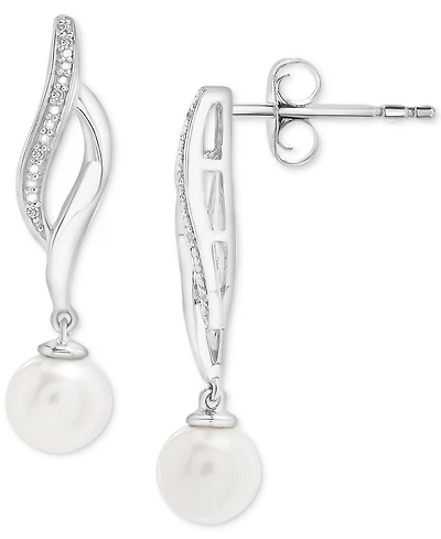 Cultured Freshwater Pearl (4mm) & Diamond Accent Swirl Drop Earrings in Sterling Silver