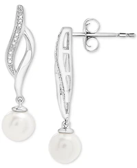 Cultured Freshwater Pearl (4mm) & Diamond Accent Swirl Drop Earrings in Sterling Silver
