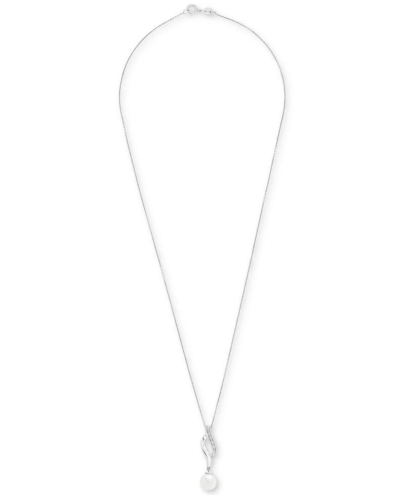 Cultured Freshwater Pearl (8mm) & Diamond Accent Swirl 18" Pendant Necklace in Sterling Silver