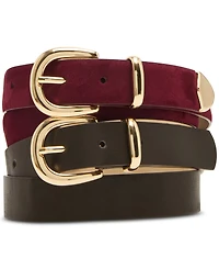 Steve Madden Rounded-Buckle Faux-Leather Belts, Set of 2