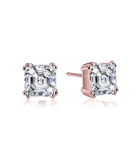 Sterling Silver 18K Rose Gold Plating with Clear Cubic Zirconia Asscher-Cut Stud Earrings