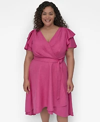 Dkny Plus Surplice Flutter-Sleeve Fit & Flare Dress