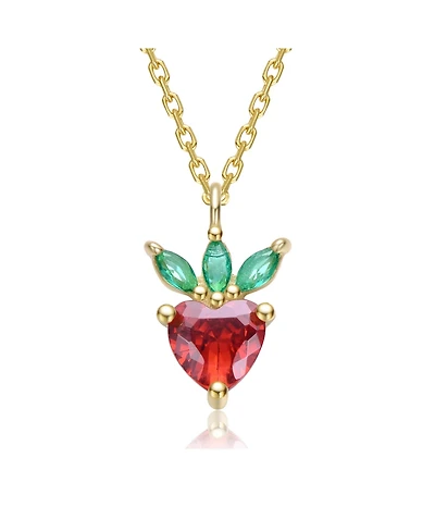 14K Gold Plated with Red & Green Cubic Zirconia Heart & Leaf Pendant Necklace