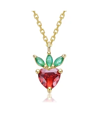 14K Gold Plated with Red & Green Cubic Zirconia Heart & Leaf Pendant Necklace