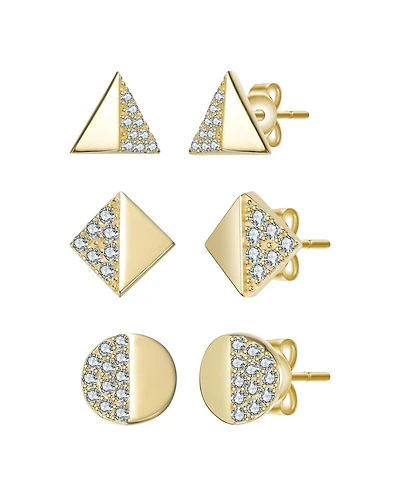 14K Gold Plated with Clear Paved Cubic Zirconia Triangle, Square & Circle Stud Earring 3-Piece Set