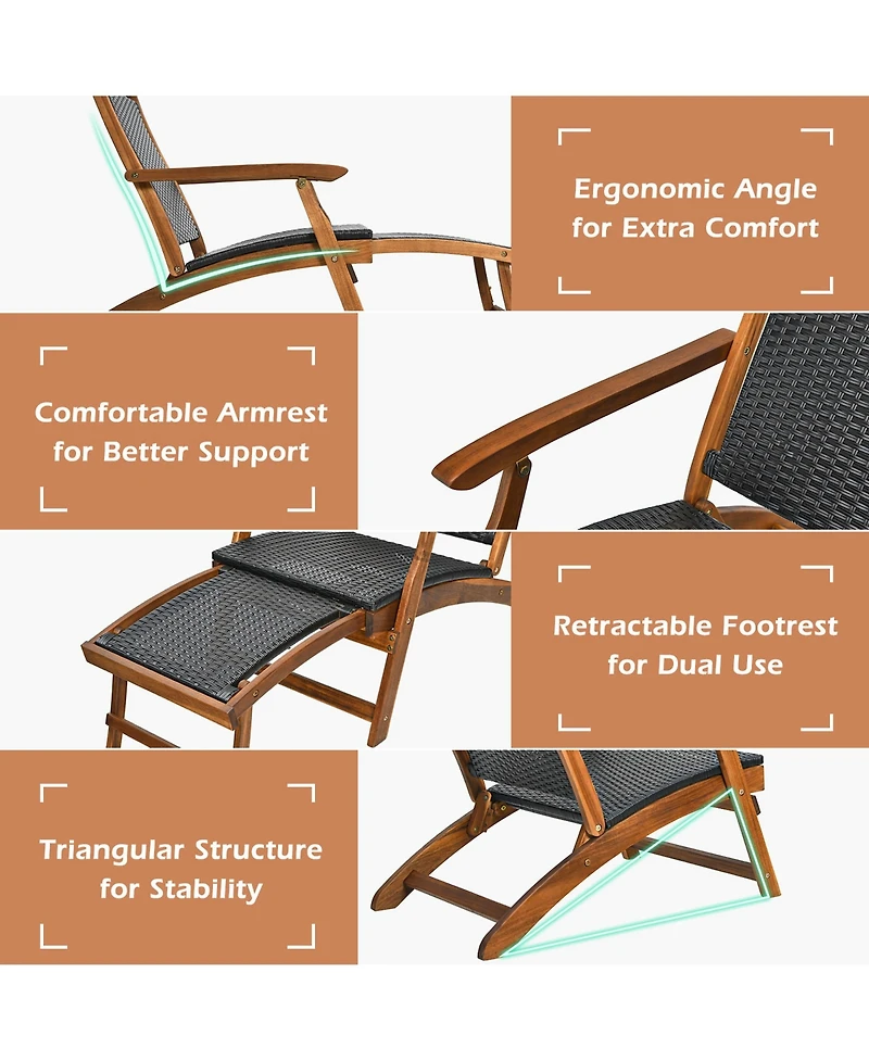 Gymax Patio Lounge Chair Set of 3 w/ Side Table Quick Folding Design Ottoman Outdoor