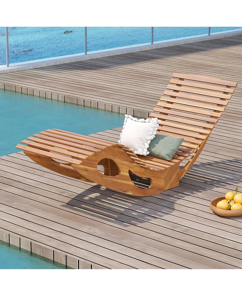 Gymax 2PCS Outdoor Chaise Lounge w/ High Back Slatted Seat Stopper Outside Wood Rocker