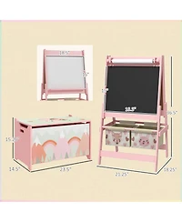 Qaba Toy Box with Lid and Kids Easel with Paper Roll, board board