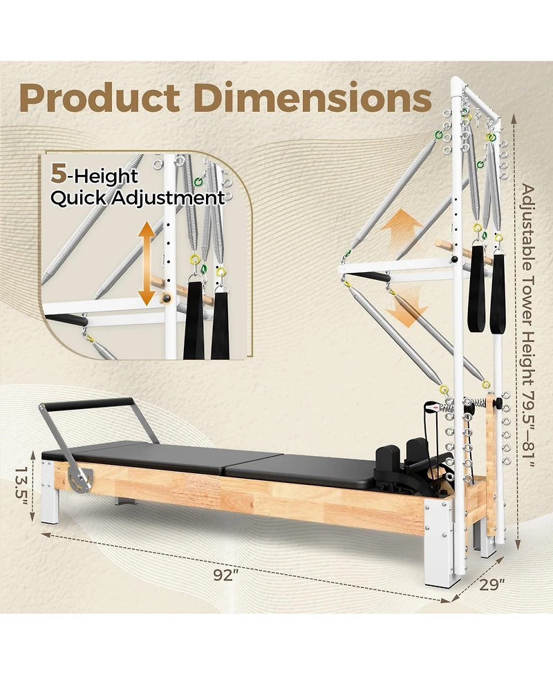 Mikolo Wooden Reformer & Tower Combo – Includes Mat, Jump Board & Sitting Box