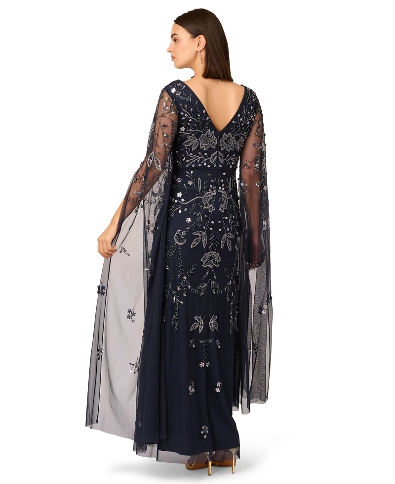 Adrianna Papell Women's Long-Sleeve Beaded Mesh Dress