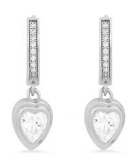 Steeltime Women's Brass Simulated Diamonds Dangling Charm Heart Huggie Earrings