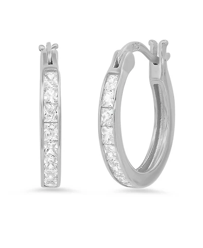 Steeltime Women's Plated Sterling Silver and Simulated Square Diamonds Round Hoop Earrings