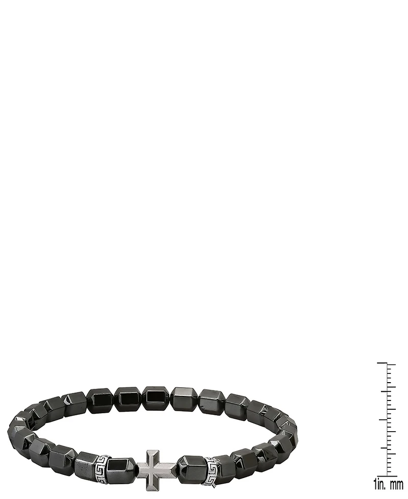 Steeltime Men's Sterling Silver Cross and Hematite Beaded Stretch Bracelet