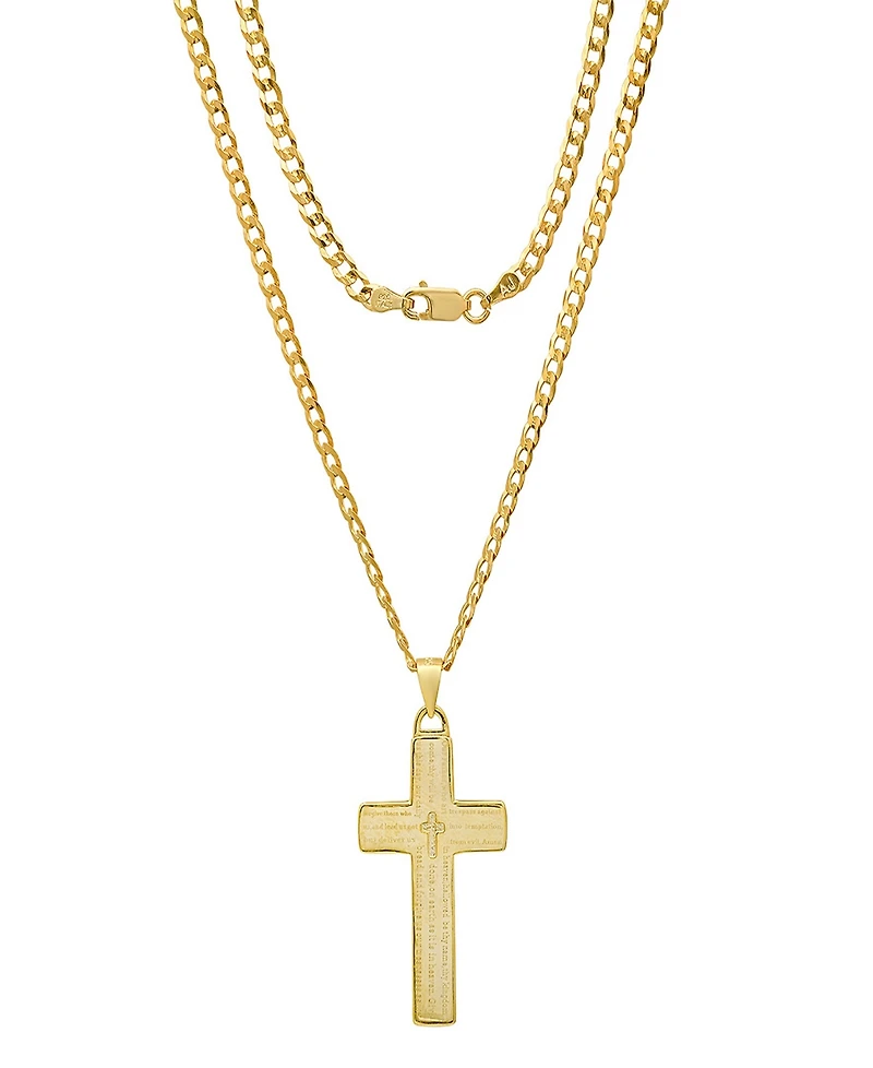 Steeltime Unisex 14K Gold Plated Sterling Silver Cuban Super Flat Chain and Lord's Prayer Cross Pendant Bracelet