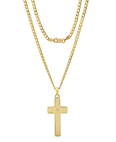 Steeltime Unisex 14K Gold Plated Sterling Silver Cuban Super Flat Chain and Lord's Prayer Cross Pendant Bracelet