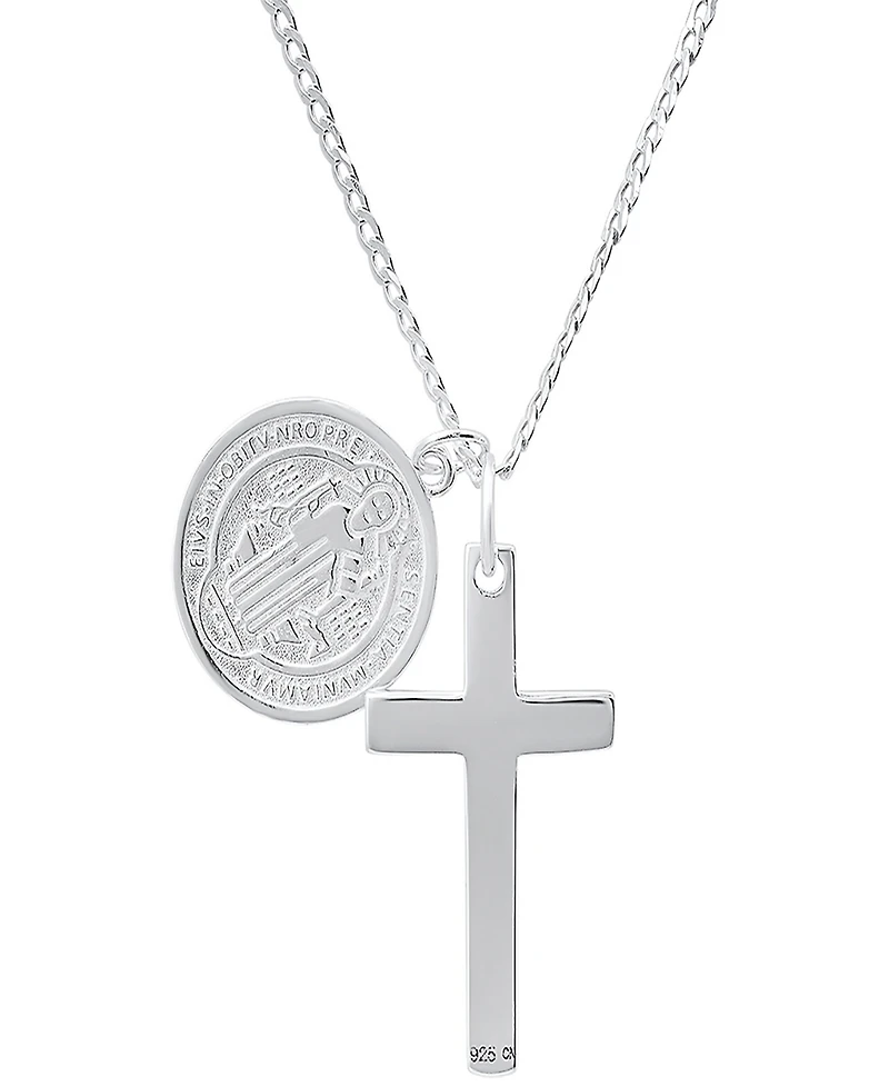 Steeltime Unisex Sterling Silver Cross and Round St. Benedict Pendant Necklace