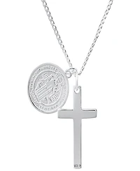 Steeltime Unisex Sterling Silver Cross and Round St. Benedict Pendant Necklace