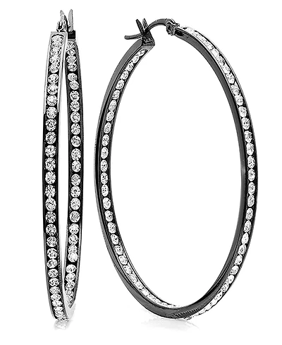 Steeltime Women's Stainless Steel and Out Simulated Diamond Hoop Earrings