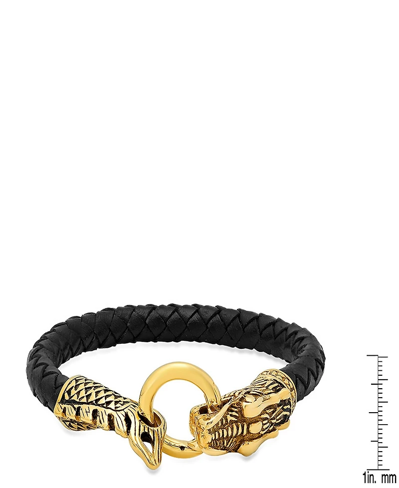Steeltime Genuine Leather Bracelet With 18K Gold-Plated Stainless-Steel Dragon Design
