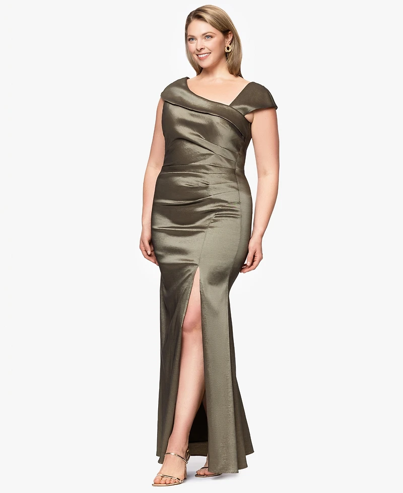 Xscape Plus Asymmetrical-Neckline Long Sheath Dress