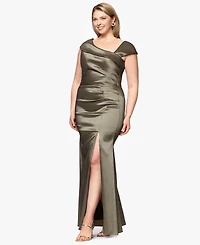 Xscape Plus Asymmetrical-Neckline Long Sheath Dress