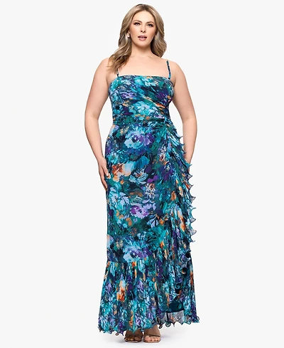 Xscape Plus Printed Ruffled Sleeveless Maxi Dress