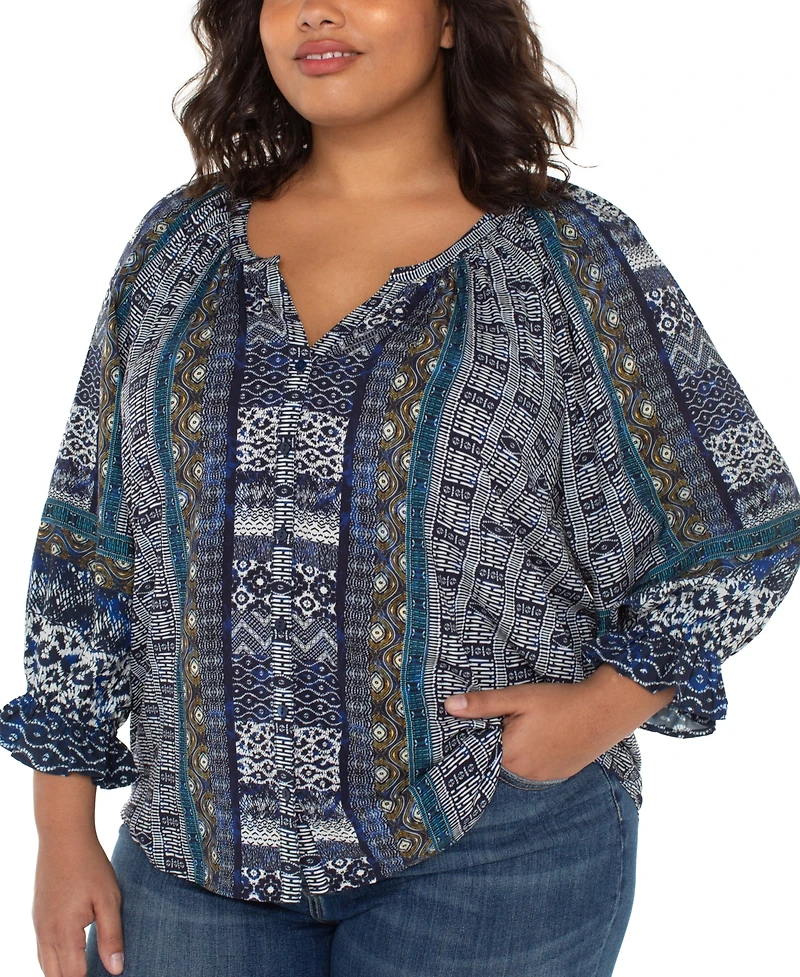 Liverpool Los Angeles Plus Printed V-Neck Button-Front 3/4-Sleeve Blouse