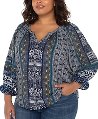 Liverpool Los Angeles Plus Printed V-Neck Button-Front 3/4-Sleeve Blouse