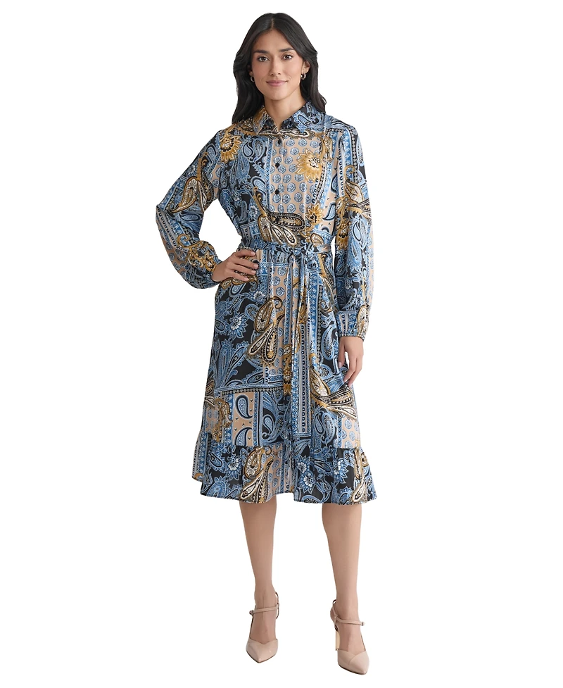 Jones New York Women's Collared Paisley Tie-Waist Shirtdress