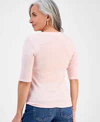 Style & Co Petite Pointelle Elbow-Sleeve Henley Knit Top, Exclusively at Macy's