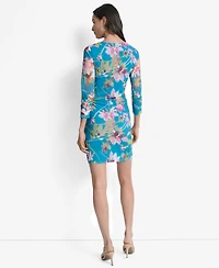 Dkny Petites Printed Ruched 3/4-Sleeve Bodycon Dress