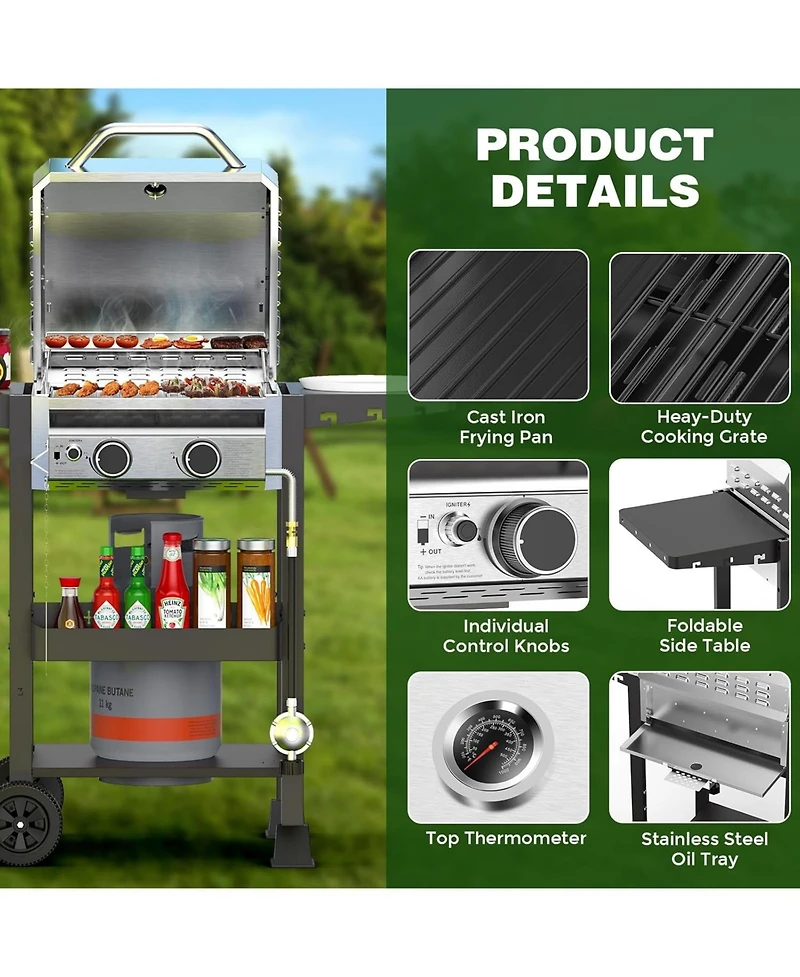 Cowsar 2-Burner Propane Gas Grill with Folding Side Tables,Stainless Steel 16,000 Btu Bbq Grill,Outdoor Grill for Barbecue,Patio,Camping