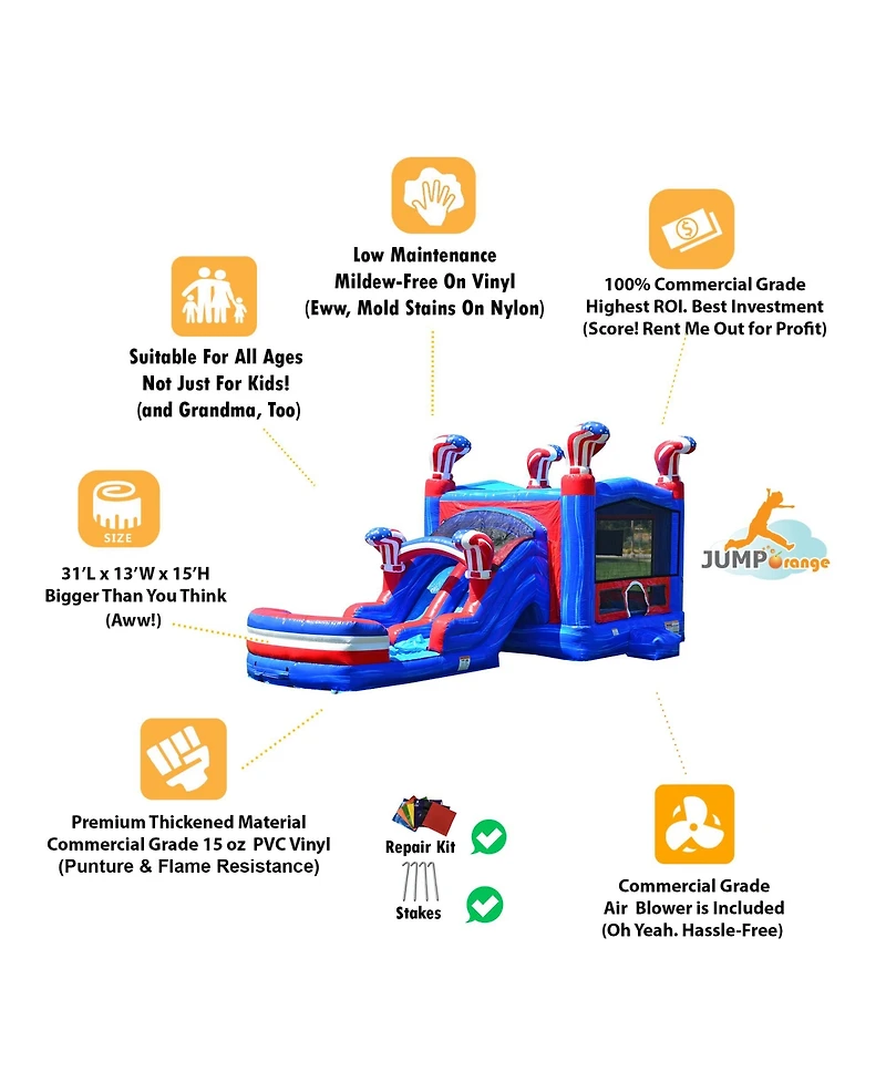 JumpOrange American Boxing Commercial Grade Bounce House Water Slide with Pool for Kids and Adults (with Blower), Basketball Hoop, Wet Dry Combo, Outd