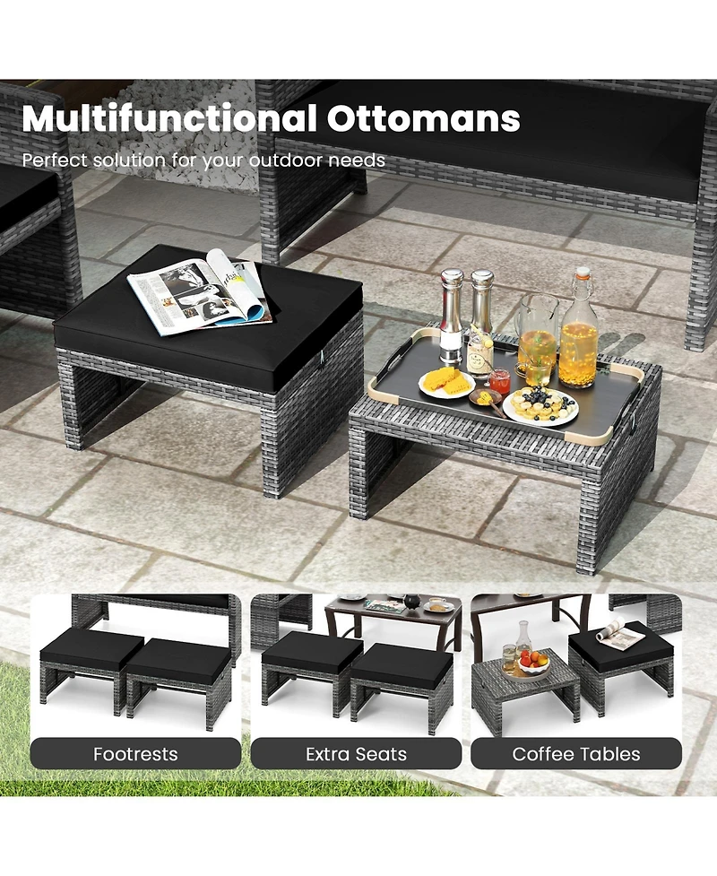 Slickblue 2 Pieces Patio Pe Rattan Ottomans with Soft Zippered Cushions for Deck