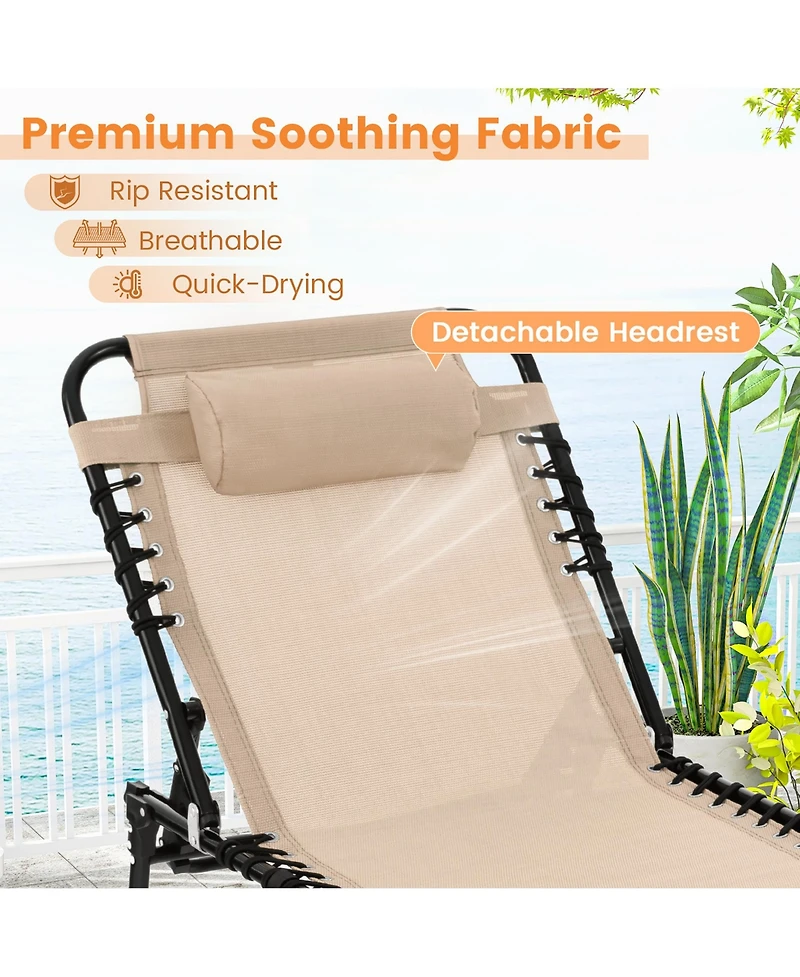 Gymax 2 Pcs Patio Folding Chaise Lounge Portable Lay Flat Reclining Chair w/ 4-Level Backrest Side Pocket