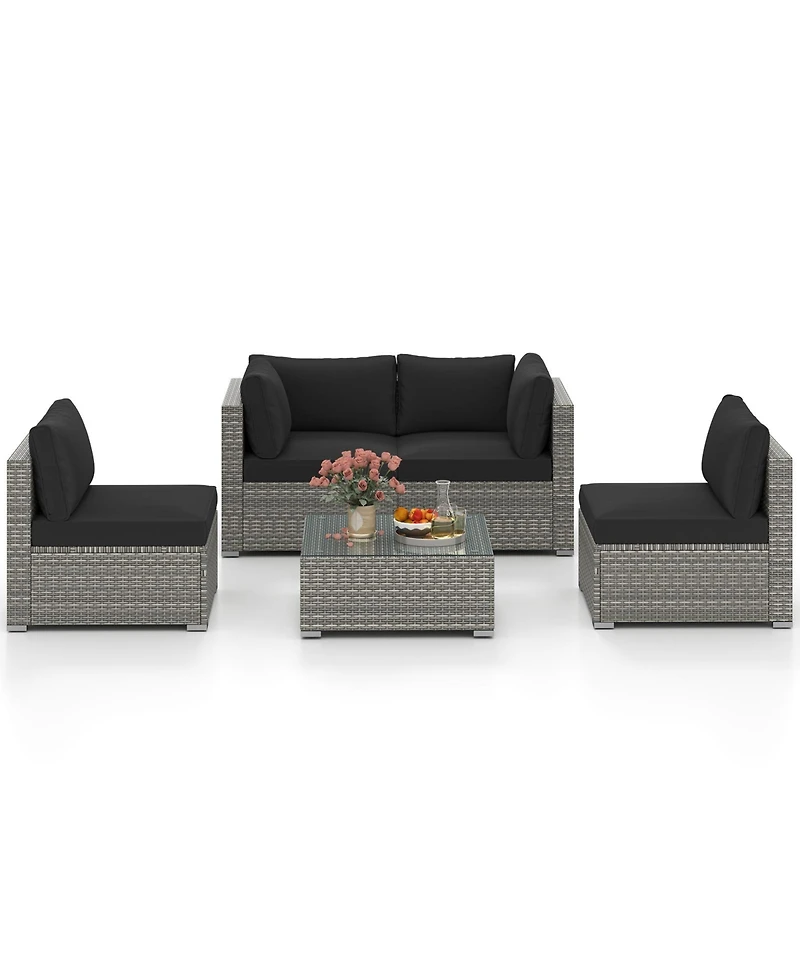 5-Piece Outdoor Patio Sectional Sofa Couch and Glass Coffee Table with Cushions