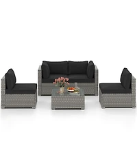 5-Piece Outdoor Patio Sectional Sofa Couch and Glass Coffee Table with Cushions