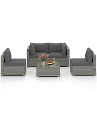 5-Piece Outdoor Patio Sectional Sofa Couch and Glass Coffee Table with Cushions
