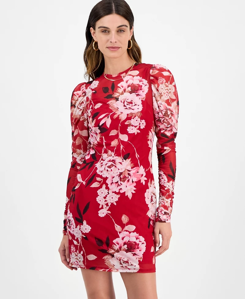 14th Place Juniors' Floral-Print Long-Sleeve Dress